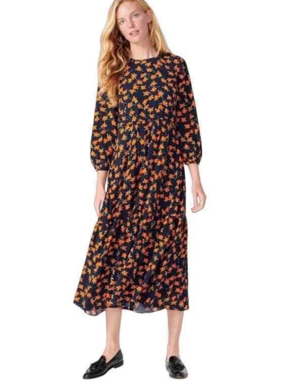 J. Crew 3/4 Sleeve Tiered Midi Dress in Poppy Fields Navy Red Sz 8 Cottagecore